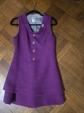 Vintage Women’s Sleeveless Tweed Knit Purple Button-Front Dress, 1960s Size M